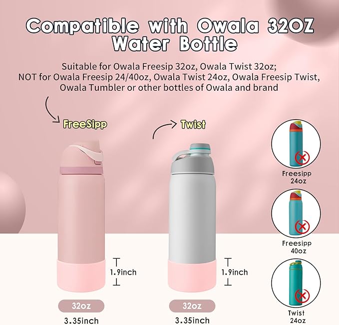 2PCS Silicone Water Bottle Boot, Compatible with Owala 24oz 32oz 40oz, Protective Anti-Scratch & Anti-Dent No Noise Sleeve Cover for FreeSip/Twist/Flip Water Bottles (Rose Quartz, 32oz) BKBY