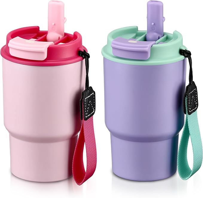 13.5oz Kids Insulated Tumbler with Lid and Straw, BPA-Free Stainless Steel Kids Water Bottle, Leak-Proof& Cupholder Friendly Tumbler for Boys & Girls -2 Pack(Pink+Purple) - Bloomnest