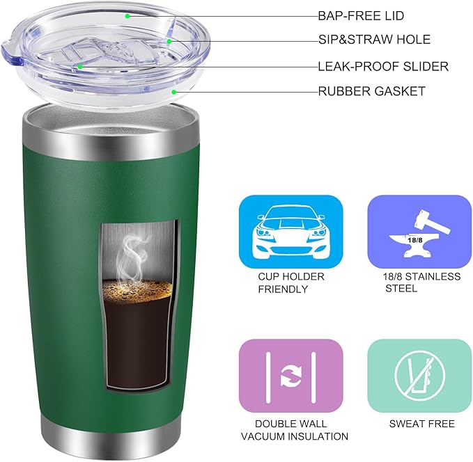 VEGOND 20oz Tumbler with Lid and Straw Stainless Steel Tumbler Cup Vacuum Insulated Double Wall Travel Coffee Mug Powder Coated Coffee Cup(Powder Green 1 Pack) - Bloomnest