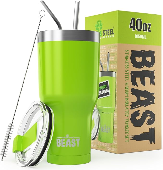 Beast 40 oz Tumbler Stainless Steel Vacuum Insulated Coffee Ice Cup Double Wall Travel Flask (Lemongrass Green) - Bloomnest