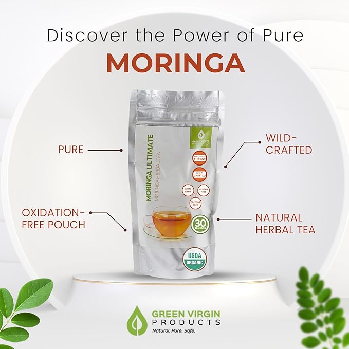 Green Virgin Moringa Oleifera Tea Bags | 100% Pure, Wild-Crafted & Natural Herbal Tea in Oxidation-Free Pouch (30 Bags) - Bloomnest