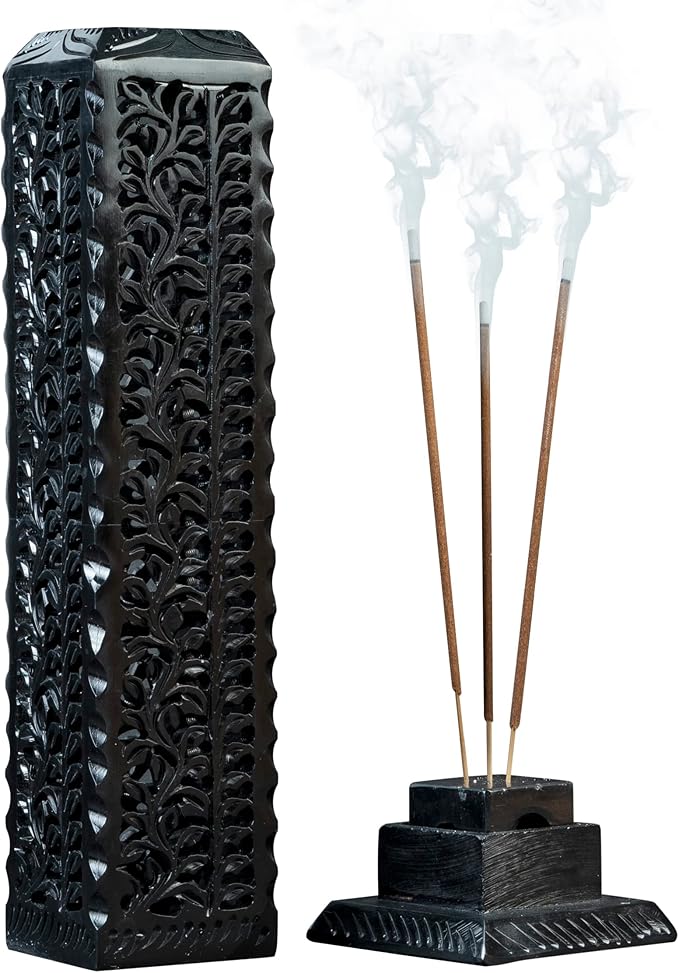 Crocon Handmade Black Marble Soapstone Incense Stick Burner Square Shape Leaf Design Tower Burner | Incense Cone & Candle Stick Holder | Decorative Home & Kitchen Best Gift Size LxWxH, 2.7x2.7x10 Inch