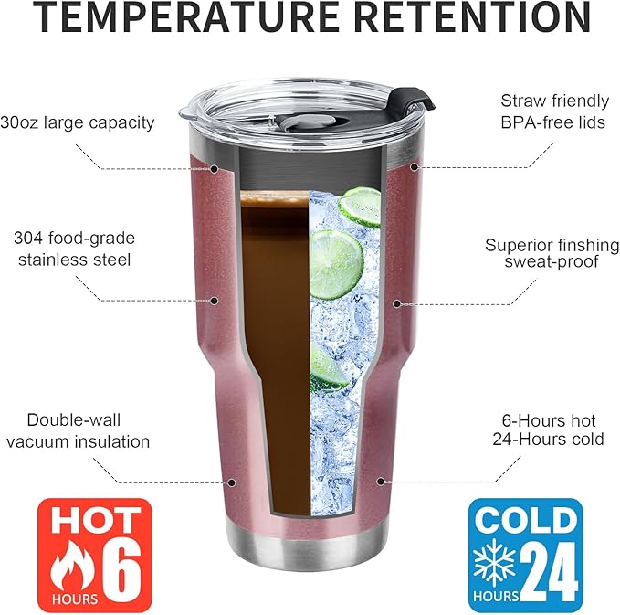 30 oz Tumbler with Lids and Straws Double Wall Vacuum Insulated Tumbler Cup,Stainless Steel Leak-proof Thermal Tumbler Travel Coffee Mug for Cold and Hot Drinks,Rose Gold - Bloomnest