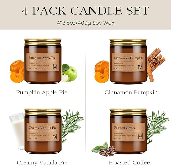 M&SENSE 4 Pack Candles for Home Scented Fall Candle Gift Set for Women Soy Wax Long Lasting Amber Jar Candles Gift for Halloween Thanksgiving Day - Bloomnest