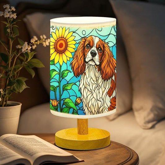 Cavalier King Table Lamp LED 3-Color Pressed Bedside, Dog Shade Lamp with Wood Base for Bedroom Living Room Desk Office - Bloomnest