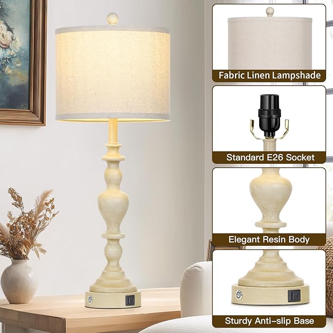 27" Vintage Farmhouse Table Lamps for Living Room Set of 2, Rustic Nightstand Lamps with USB C+A Ports, 3-Way Dimmable Retro Bedside Lamps for Bedroom Office 2 LED Bulbs Included Washed Antique Beige - Bloomnest