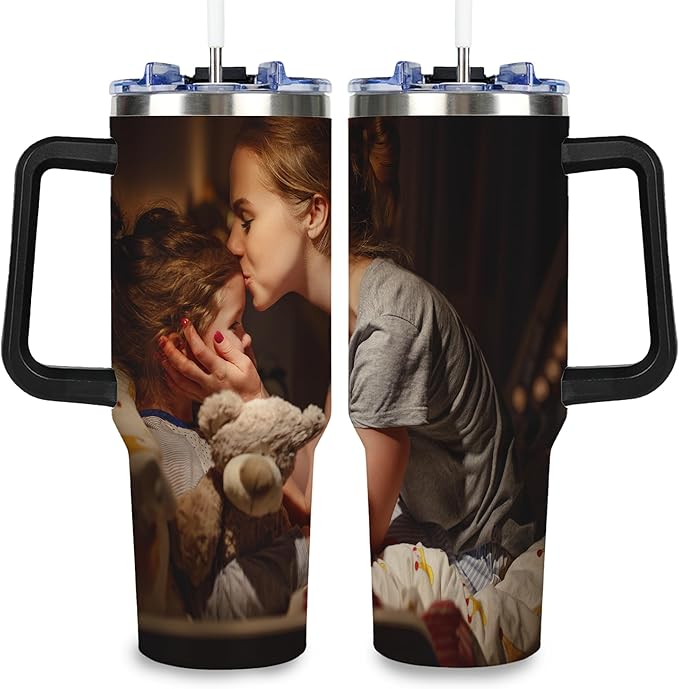 Personalized Tumbler with Handle and Straw, Custom 40oz Tumblers with Picture, Logo, Text, Customized Photo Stainless Steel Travel Coffee Cup for Women Men, Gifts for Birthday Christmas Anniversary - Bloomnest