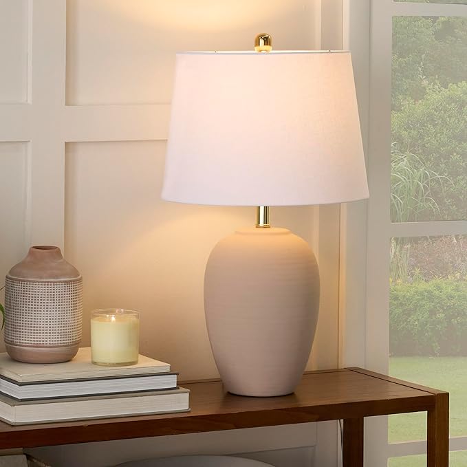 Nourison Home 23" Light Pink Ceramic Jar Table Lamp for Bedroom, Living Room, Dining Office, with White Shade (Pack of 1) - Bloomnest