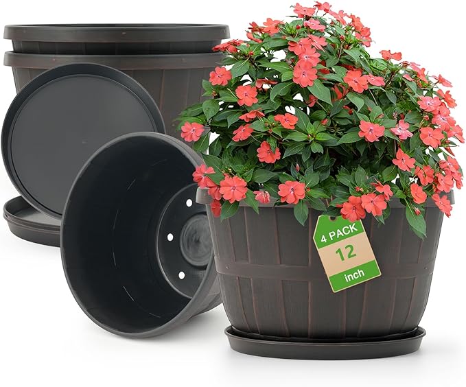 Quarut 12 Inch Large Planter Pot for Plants Indoor Outdoor, 4 Pack Plastic Flower Pots with Drainage Hole & Tray, Modern Decorative Garden Pot with Saucer, Plant Container for House（Brown） - Bloomnest