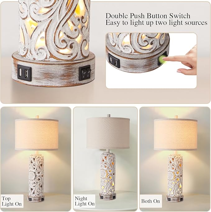 RORIANO Rustic Farmhouse Table Lamps for Living Room Bedroom, Vintage Bedside Lamp with Dual USB Port, Antique White Resin Retro Nightstand Lamps with Night Light, Bulbs Include - Bloomnest
