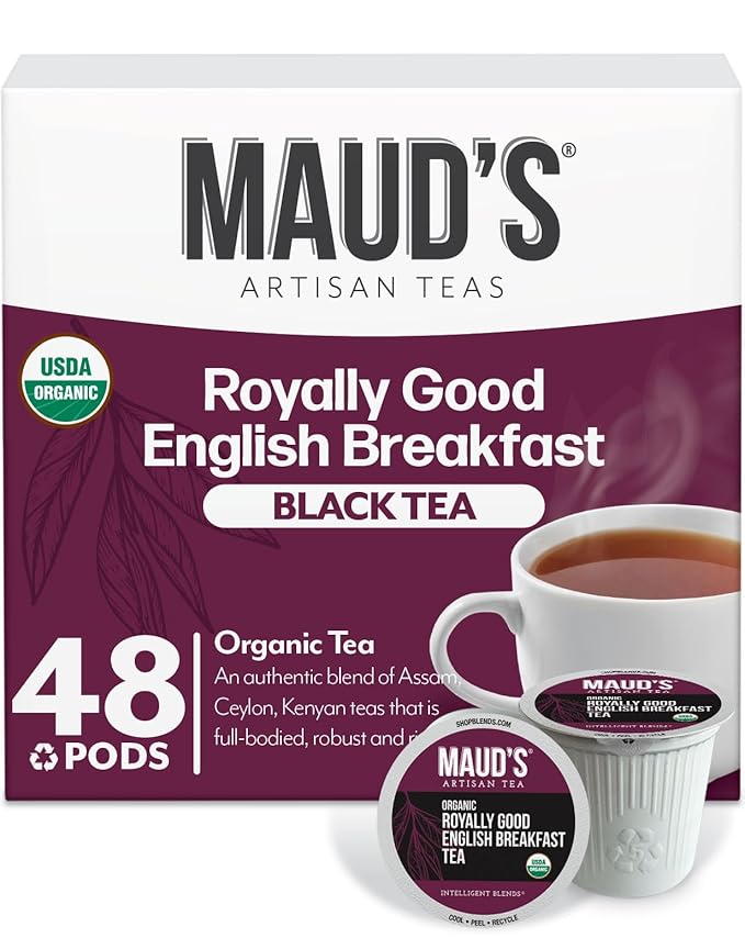 Maud's Organic English Breakfast Black Tea Pods, 48 ct, Recyclable Single Serve Pods – 100% Gourmet Blended Tea Leaves, Compatible with Keurig K Cups Maker - Bloomnest