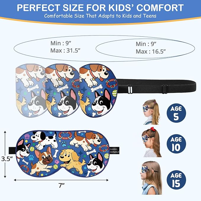 Kids Silk Sleep Mask: 100% Mulberry Silk Eye Mask with Adjustable Strap, Cute Sleeping Blindfold for Boys Girls Teens, Soft & Lightweight Eye Shade for Travel, Nap, Bedtime (Dogs Style) - Bloomnest