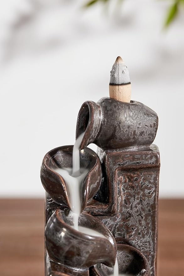 Unique Cascading Basins Ceramic Waterfall Incense Holder, Paired with a Pack of Backflow Incense Cones. (Metallic) - Bloomnest