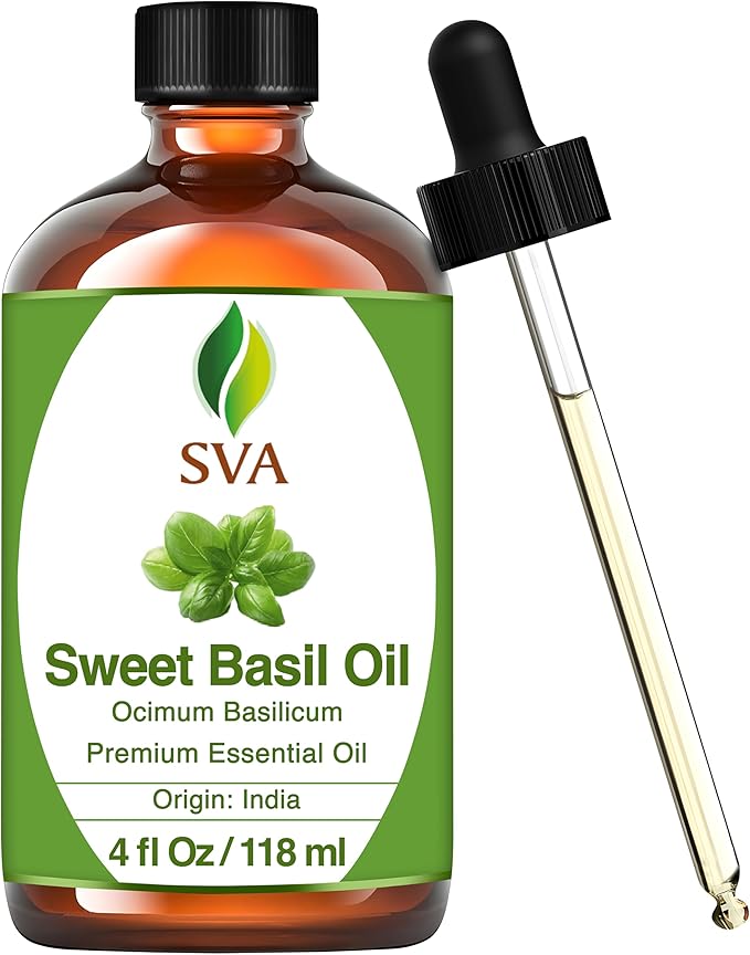 SVA Sweet Basil Essential Oil – 4 Fl Oz – 100% Natural Basil Oil - for Diffuser, Hair Care, Face, Skin Care, Aromatherapy, Scalp and Body Massage, Soap and Candle Making – with Dropper - Bloomnest