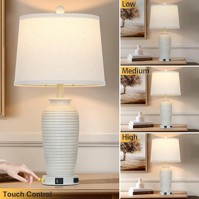 25" Vintage Farmhouse Jar Table Lamps, Single Rustic Bedside Lamp with USB A+C Ports & AC Outlet, Nightstand Lamps for Living Room, Bedroom, End Table, Cream(LED Bulb Included) - Bloomnest