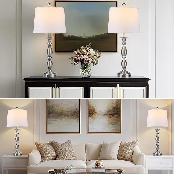 28" Tall Modern Table Lamps Set of 2 with USB A+C Ports and AC Outlet, 3 Way Touch Metal Bedside Lamps for Bedroom, Silver Farmhouse Nightstand Lamps for Living Room - Bloomnest