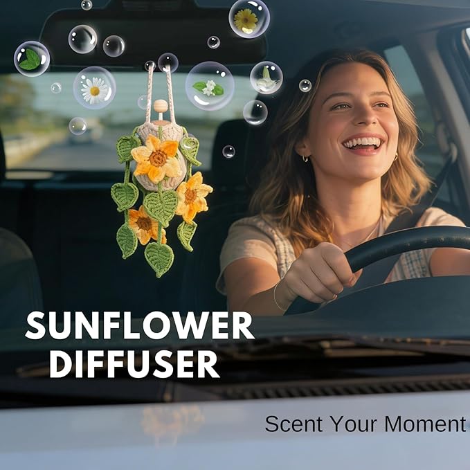 Handmade Crochet Hanging Car Air Freshener - Sunny Sunflower Design, 12ml Refillable Thick Glass Bottle, Car Diffuser for Rearview Mirror, Home & Office Cheerful Decor - Bloomnest