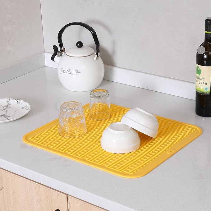 Silicone Dish Drying Mat for Multiple Usage,Easy clean,Eco-friendly,Heat-resistant Silicone Mat for Kitchen Counter or Sink,Refrigerator or Drawer Liner Yellow 2XL 24 inches x 18 inches - Bloomnest