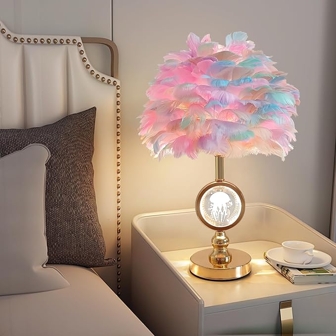 Colorful Feather Lamp Modern Crystal Table Lamp Fluffy Bedside Lamp Romantic Nightstand Light Cute Princess Desk Lamp for Teen Girl Wedding Deco Bedroom Living Room Entryway - Bloomnest
