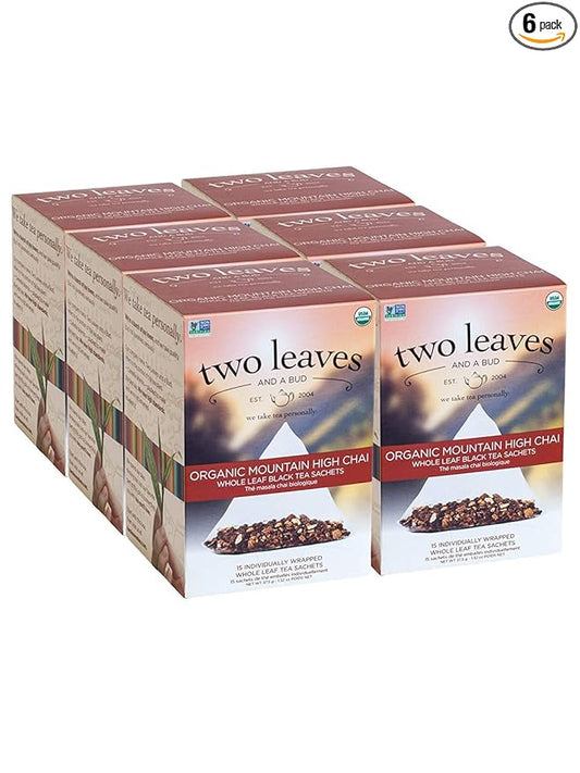 Two Leaves and a Bud Organic Mountain High Chai Tea Bags, Whole Leaf Black Tea and Spices in Compostable Sachets, 15 Count (Pack of 6) - Bloomnest