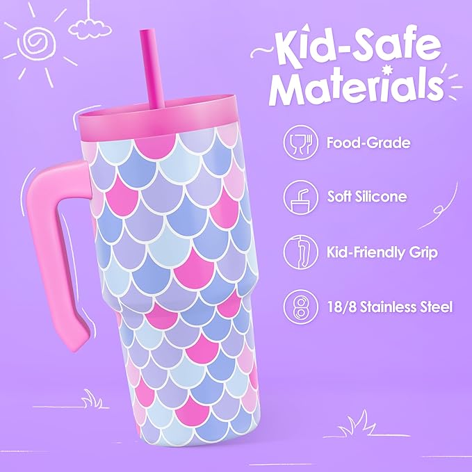 Mermaid Tumbler 20oz with Handle and Silicone Straw Lid for Kid, Insulated Stainless Steel Cup with Mermaid Scales, Gift for Kids Girls, Gifts Idea for Birthday Christmas Back to School - Bloomnest