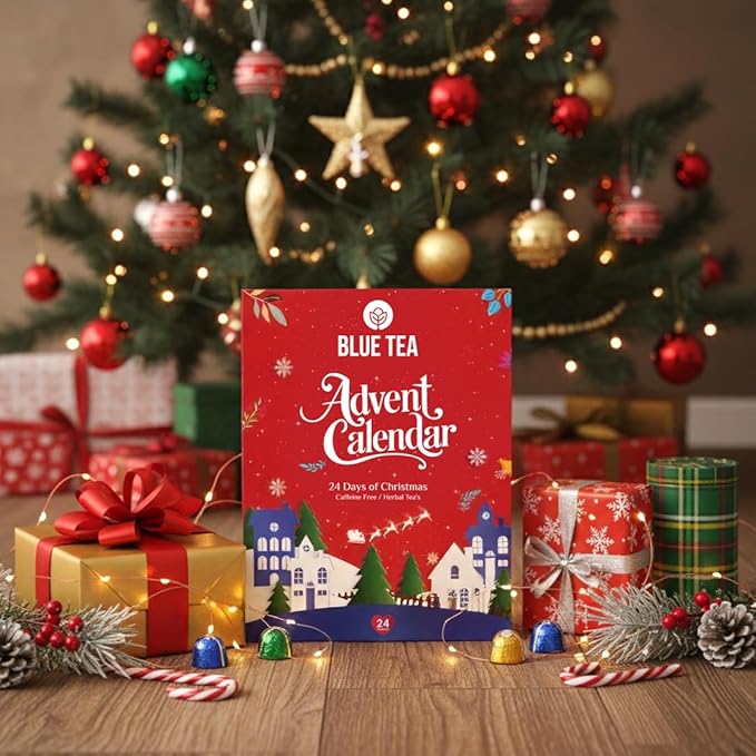 BLUE TEA - Advent Calendar 2025 (Red) - 24 Tea Bags - Plant Based - 24 Unique Tea | Limited Edition | Sampler & Variety Pack | Caffeine Free - Herbal Tea - Christmas Holiday Unique Advent Calendar Tea Gift Set | Gift Idea for Men and Women - Bloomnest