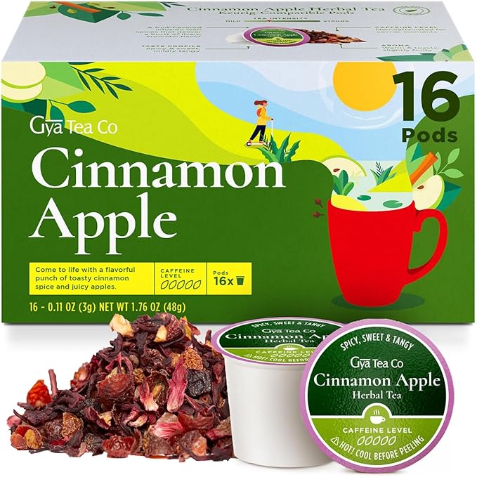 Gya Tea Co Cinnamon Apple Tea Gift Set (16 Count) - Decaf Tea Pod for Lovers Get Well Gifts - Manually Harvested - Enjoy Hot or Iced - Bloomnest