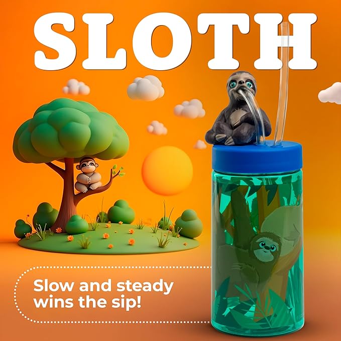 Kids Water Bottle, Toddler Cups, Tumbler with Lid and Straw, Travel Sippy Cup for Water or Milk, Kids Cups with Lids for Toddlers 3 and Up, BPA Free Plastic, 12 oz (Trend Zoo Sloth) - Bloomnest