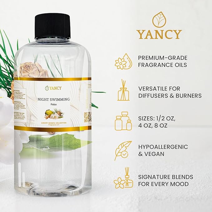 YANCY Night Swimming Luxury Collection Fragrance Oil (4 oz), Fresh Marine and Floral Scent, Soothing Aroma for Diffusers, Oil Burners & Aroma Lamps, Ideal for Nighttime Relaxation YancySpa