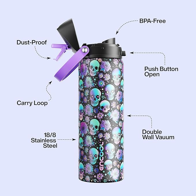 Insulated Water Bottle with Straw - Encool Stainless Steel Water Bottle with Push Button Lid, Leak-Proof & BPA-Free, Keeps Cold for 24 Hours for Sports, Travel, Gym (32 oz, Floral Afterlife) ENCOOL