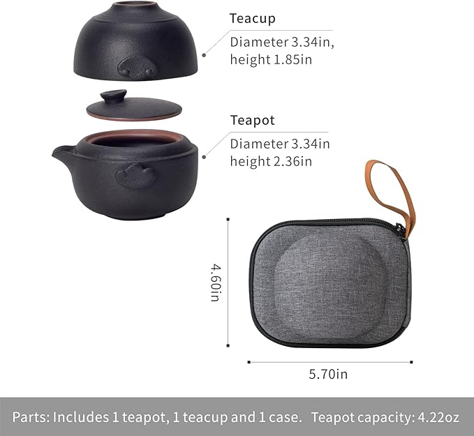 HEER Chinese Travel Gaiwan Tea Set for One, Ceramic Small Kungfu Teapot with Teacup for Adults, Black Japanese Style Tea Accessories Birthday Gift for Tea Lovers. - Bloomnest