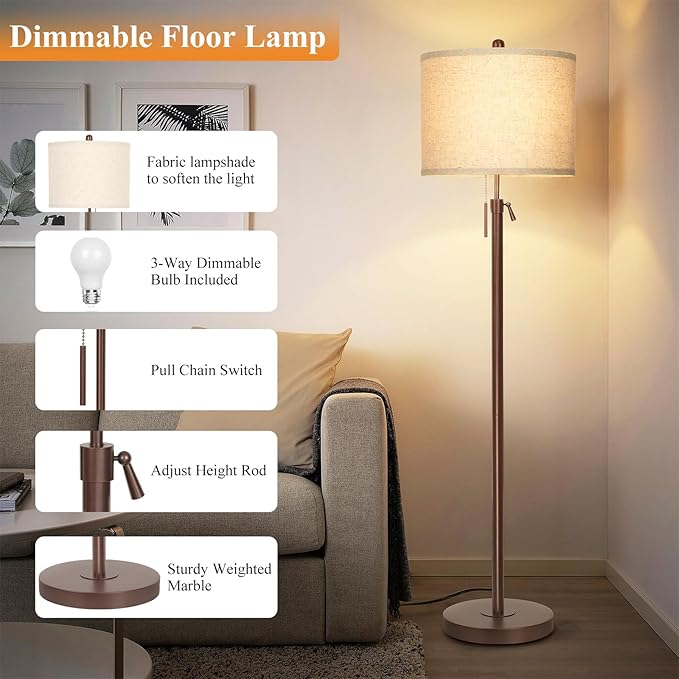 Metal Brown Floor Lamp for Living Room, Adjustable Height Standing Lamp, Pole Light for Bedroom, with Linen Shade and Metal Base, Pull Chain Switch, 3-Way 8W LED Bulb Included - Bloomnest