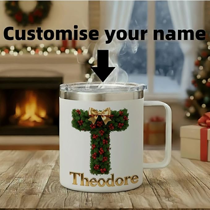 Personalized Christmas Insulated Coffee Mug with Handle – Custom Initial Letter [M] Double Wall Stainless Steel Travel Tumbler for Hot & Cold Drinks – Unique Holiday Gift for Men, Women, & Kids(B117) - Bloomnest