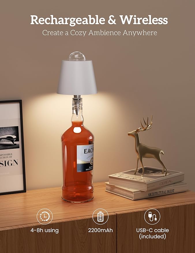 Joyzy Table Lamp with Projector Lighting, Wireless Wine Bottle Lamps Rechargeable Wine Bottle Lights Water Wave Ripple Projection Liquor Bottle Room Decoration Light Ambient for Bar Restaurants - Bloomnest