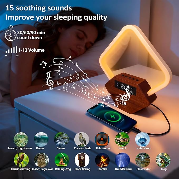 Sunrise Alarm Clock for Bedrooms Heavy Sleepers 15 Sleep Sounds White Noise Machine Baby/Adults 3 Color Table Lamp 10 Ringtones with PD22.5W USB C Fast Charger Birthday Gifts for Women - Bloomnest