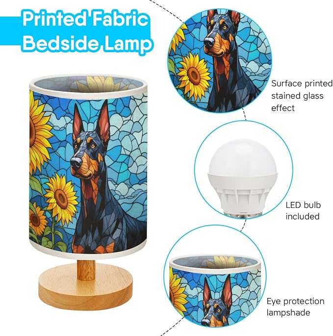 Doberman Table Lamp LED 3-Color Pressed Bedside, Dog Shade Lamp with Wood Base for Bedroom Living Room Desk Office - Bloomnest