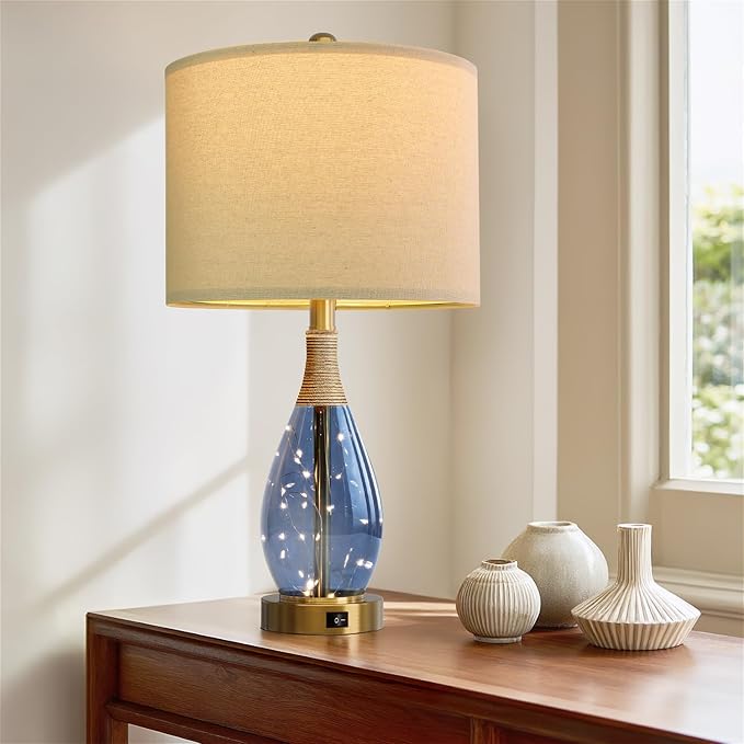 OYEARS 23" Table Lamps for Living Room Set of 2 Bedside Lamps for Night Stands Bedroom Lamps Farmhouse Rattan Boho Lamp Glass Nightlight End Table Lamp with USB C+A (Blue),Two Light Points - Bloomnest