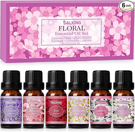 SALKING Floral Essential Oils Set, Premium Pure and Natural Essential Oils, Fragrance Oil Scented Oils for Oil Diffusers 6 x 10 ML - Lavender, Rose, Jasmine, Cherry Blossom, Gardenia, Chamomile - Bloomnest