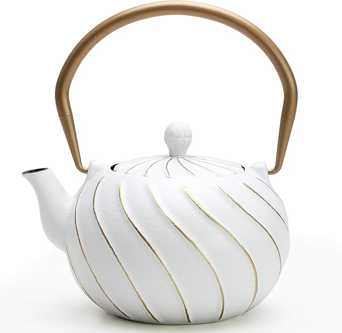 Tea Kettle, TOPTIER Japanese Cast Iron Teapot with Stainless Steel Infuser, Cast Iron Tea Kettle Stovetop Safe, Wave Design Tea Pot Coated with Enameled Interior for 30 Ounce (900 ml), White - Bloomnest