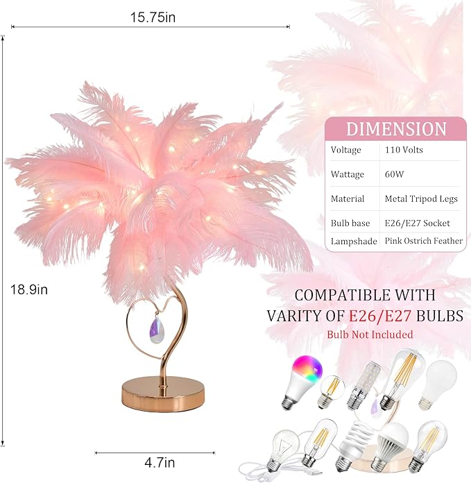 Pink Ostrich Feather Lamp Creative Furry Bedside Lamp Romantic Feather Table Lamp Fluffy Nightstand Light for Girl Bedroom Wedding Decor Valentines Dating Livingroom Hotel Office Christmas - Bloomnest