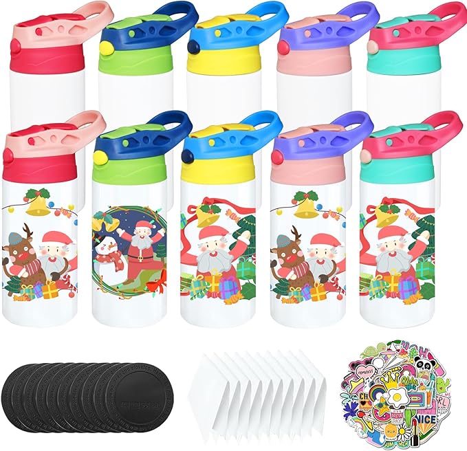 6 PACK Kids Sublimation Tumblers, 12oz Blank Sippy Cups, Stainless Steel Sublimation Water Bottle Blanks for DIY Heat Press Print Crafting Gift (10pack) - Bloomnest