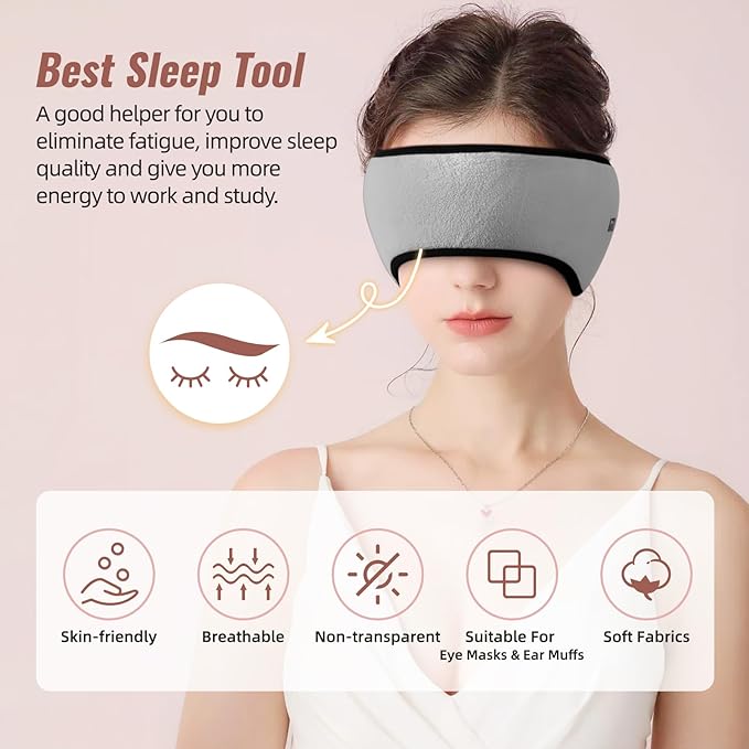 Sleep Mask with Adjustable Heads, Earmuffs for Sleep, Ear Warmers for Men & Women, 2 in 1 Ear Mask and Eye Cover, Comfortable & Soft for Side Sleepers (Grey) - Bloomnest