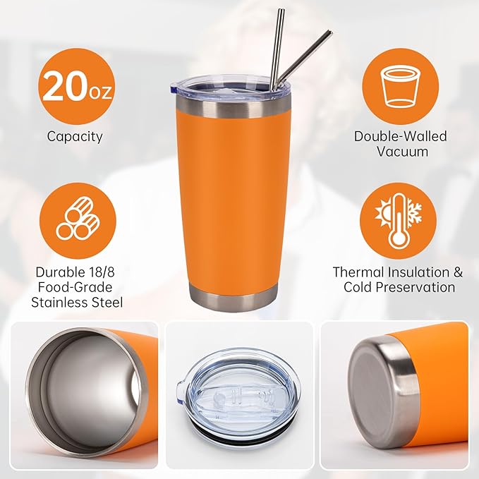 IEOVIEE 32 Pack, 20oz Stainless Steel Bulk Tumblers with Lids and Straws, Double Wall Insulated Travel Mug, Durable Powder Coated Tumbler Bulk Cup for Cold and Hot Drinks(Orange) - Bloomnest