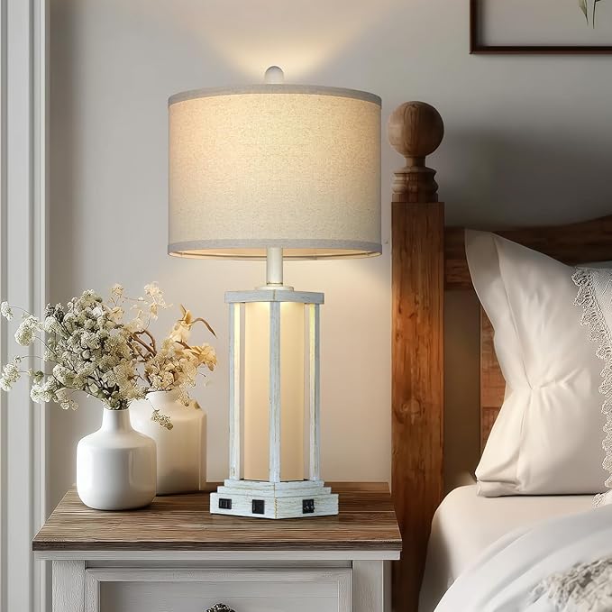 27" Tall Vintage Table Lamp Set of 2 with USB C+A & Outlet,Nightstand Lamp for Living Room,Bedside Lamps with Frosted Glass Night Light for Bedroom Entryway,White - Bloomnest