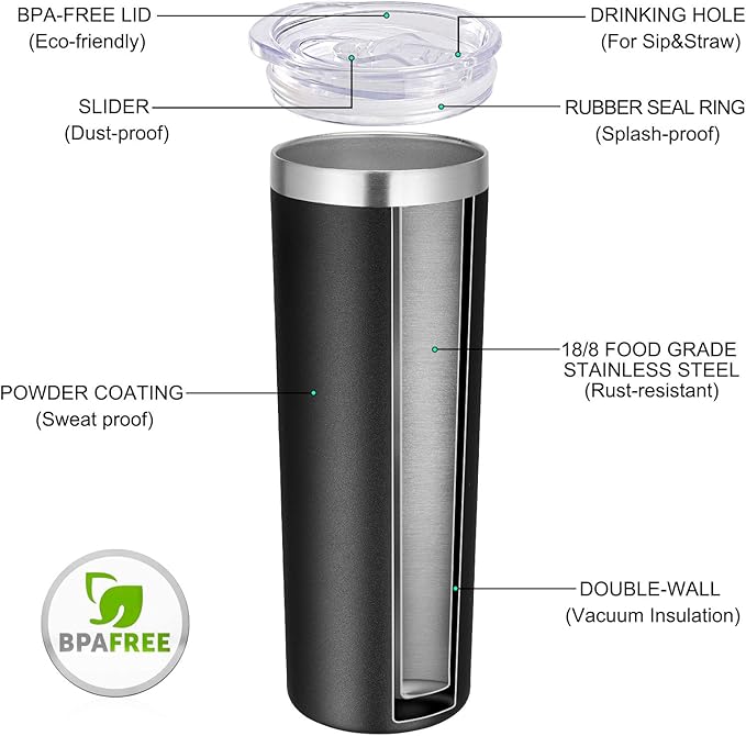 VEGOND Stainless Steel Tumblers Bulk 6 Pack, 20 oz Vacuum Insulated Skinny Tumblers with Lid and Straw, Double Wall Coffee Mug, Travel Water Cup, Black - Bloomnest