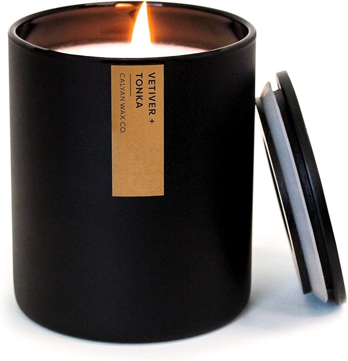 Calyan Wax Co. Vetiver & Tonka Scented Candle - 75 Hour Burn - Luxury Non Toxic Soy Wax Candles - Long Lasting Black Tumbler Jar Candle for Home - 10.2oz - Bloomnest