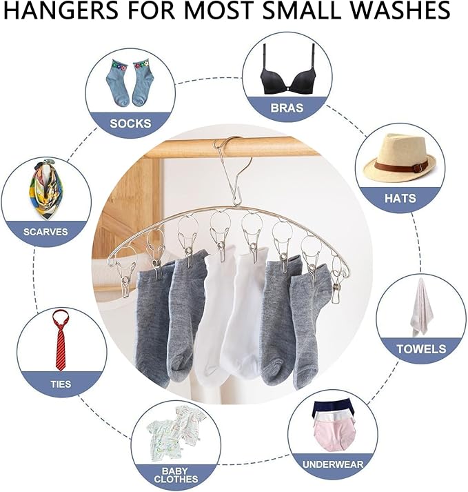 2Pcs Clothes Drying Hanger with 16 Clips, Stainless Steel Sock Air Drying Rack, Windproof Anti-Lost for All Small Laudry Item and Herbs - Bloomnest
