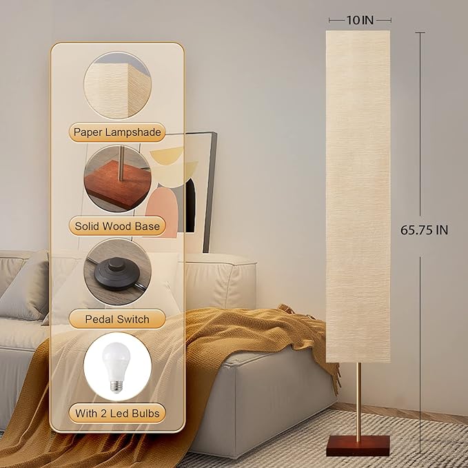 GyroVu Floor Lamp for Living Room, 3 Color Temperature Column Tall Lamp, Standing Lamp with Walnut Base Corner Floor Lamp for Bedroom, Office& Living Room-Beige(Bulbs Included) - Bloomnest