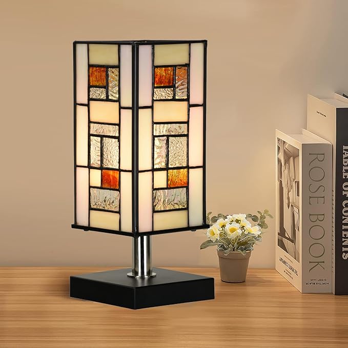 TL0013 Small Retangular Tiffany Lamp Stained Glass Uplight Table Lamp, Mission Style Geometric Desk Nightstand Lamp for Bedroom Living Room Office Dorm, 4.5" W x 11" H, LED Bulb Included - Bloomnest