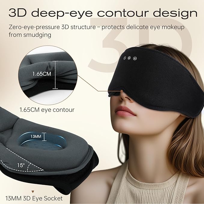 Sleep Eye Mask with Wireless Headphones - 29 Soothing White Noise Sounds, 3D Zero Pressure Eye Maks for Women & Men, Blackout Sleeping Masks for Side Sleeper, Removable Eye Cover (Black) - Bloomnest